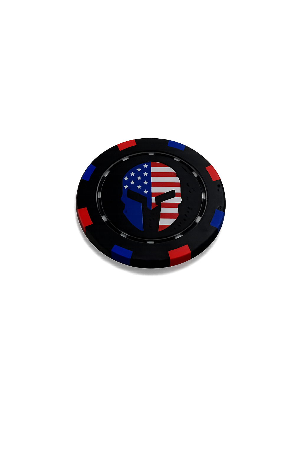 Close-up of a Spartan Race 10K honor coin, engraved with a Spartan helmet in stars and stripes